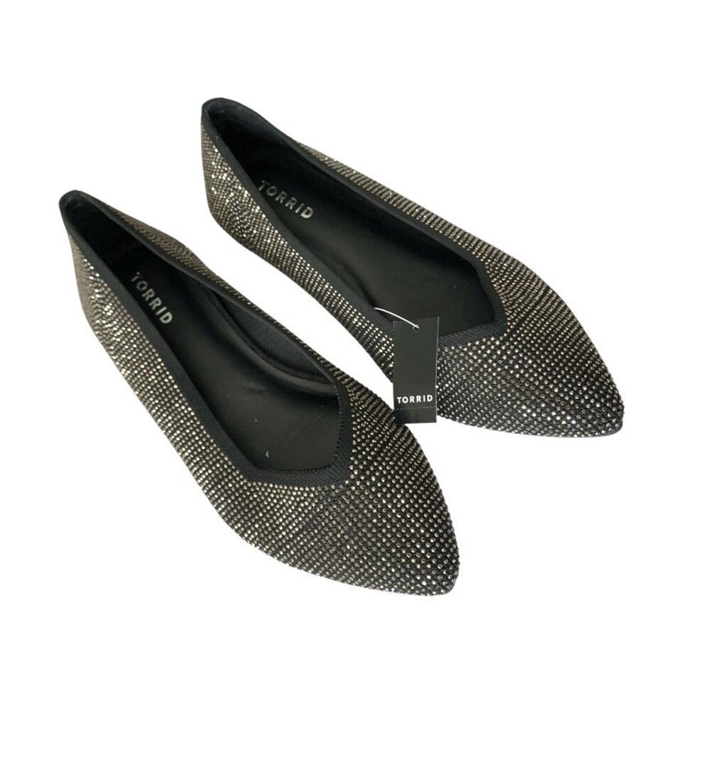 TORRID Sz 10WW Black Rhinestone Embellished Stretch Knit Flat Shoes NEW